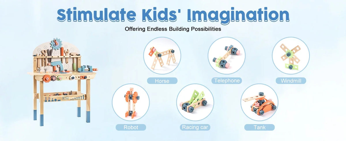 A wooden kids workbench with various tools and building toys like a horse, robot, and racing car.