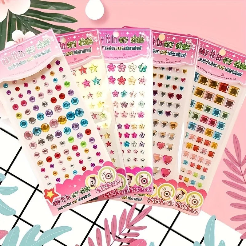 A collection of colorful acrylic rhinestone stickers in various shapes and colors for crafts and DIY projects.