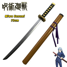 A realistic prop of a Miwa Kasumi katana, 72cm long, displayed next to a female character cosplay.