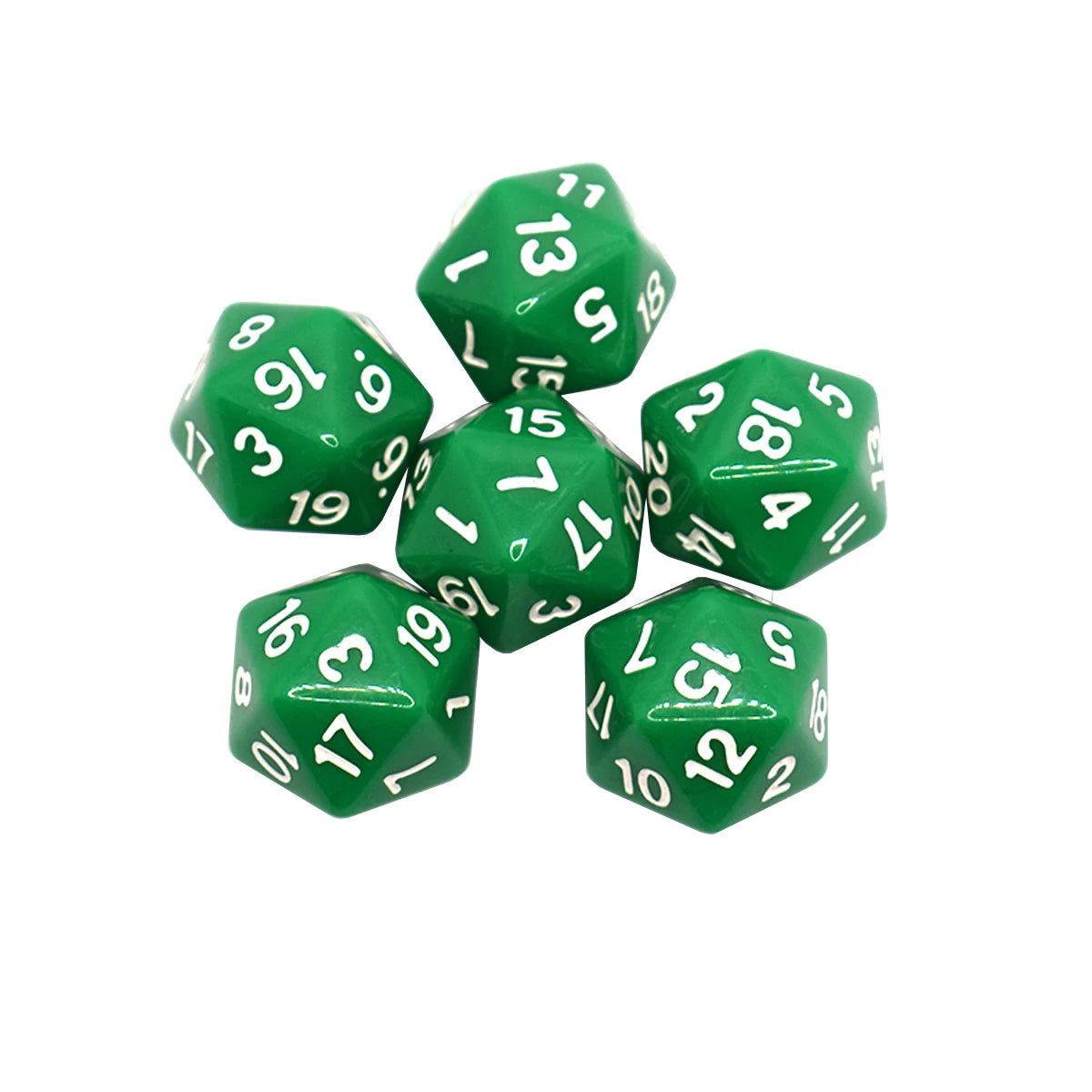 A set of green D20 dice, including various numbered dice, scattered on a white background.