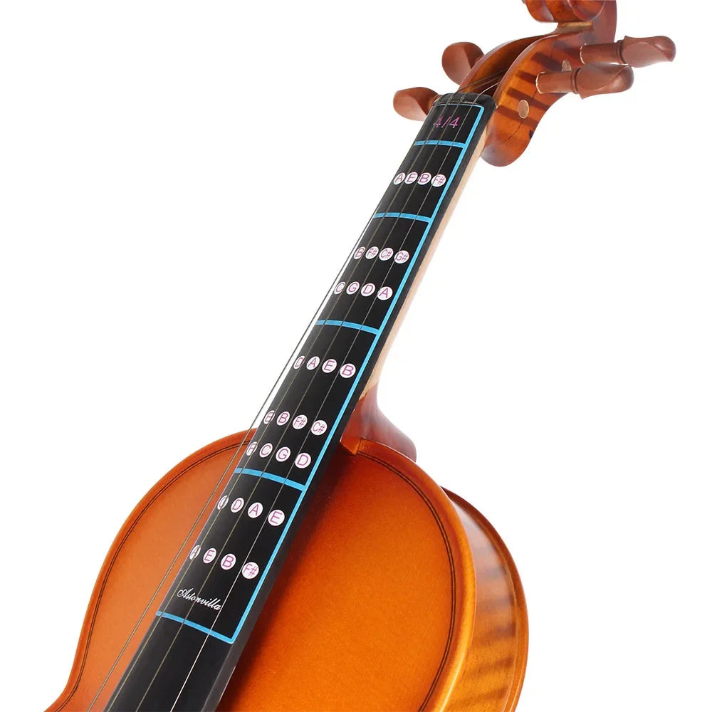 Close-up of a violin fretboard showing numbered notes and a sticker for beginners