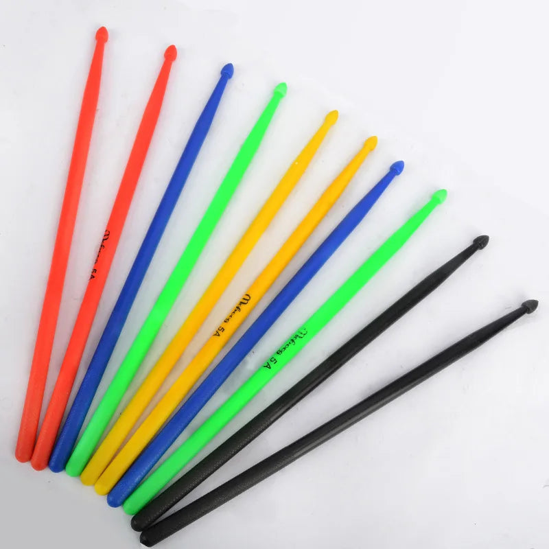 A collection of colorful 5A nylon drumsticks in red, blue, green, yellow, and black.