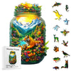 A wooden jigsaw puzzle featuring an animal-shaped piece set against a vibrant nature scene inside a glass jar.
