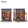 A detailed 3D wooden book nook kit featuring a miniature John's Hair Salon storefront with LED lighting.