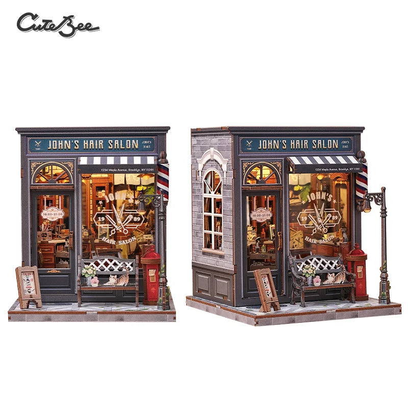 A detailed 3D wooden book nook kit featuring a miniature John's Hair Salon storefront with LED lighting.