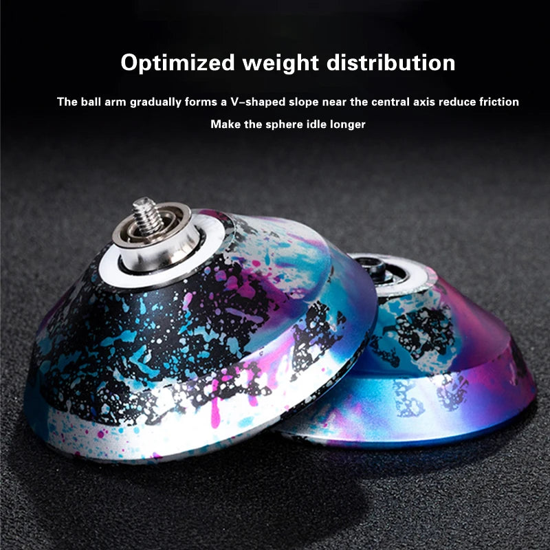 A close-up view of a professional aluminum alloy yo-yo with high-speed ball bearings showing a V-shaped slope design.