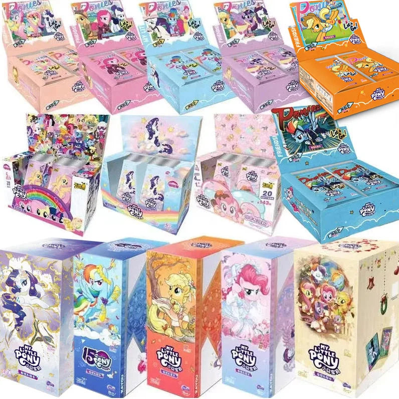 A collection of My Little Pony friendship cards packaged in themed pouches and boxes.