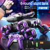A black and purple transformable RC stunt tank is shown with its components, including a controller and battery parts.