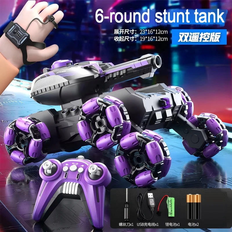 A black and purple transformable RC stunt tank is shown with its components, including a controller and battery parts.