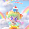 A cute figurine of a light green puppy with pink hair and large eyes, surrounded by rainbow elements.