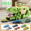 Green dinosaur toy car with storage and folding ramp alongside various colored cars