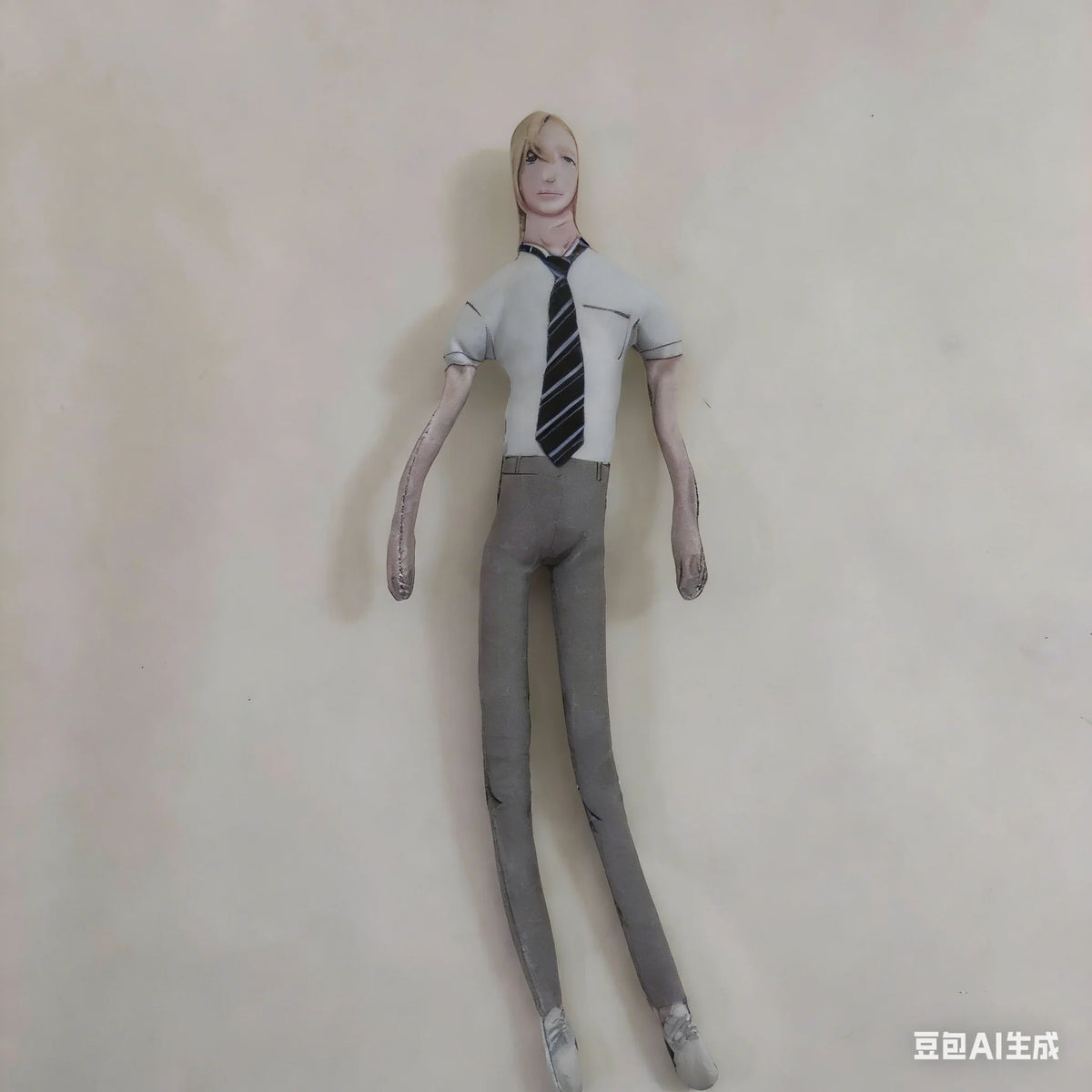 A female poseable plush doll figure with blonde hair wearing a white shirt and black tie, standing against a light background