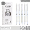 A set of five white gel pens with black tips and Metaverse themed designs shown next to their packaging.