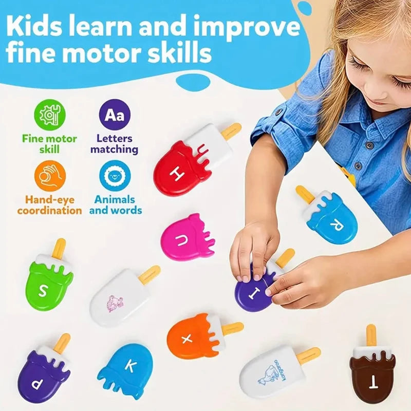 A child is sorting various colored and shaped plastic toys, including letters and animals, for fine motor skill development.