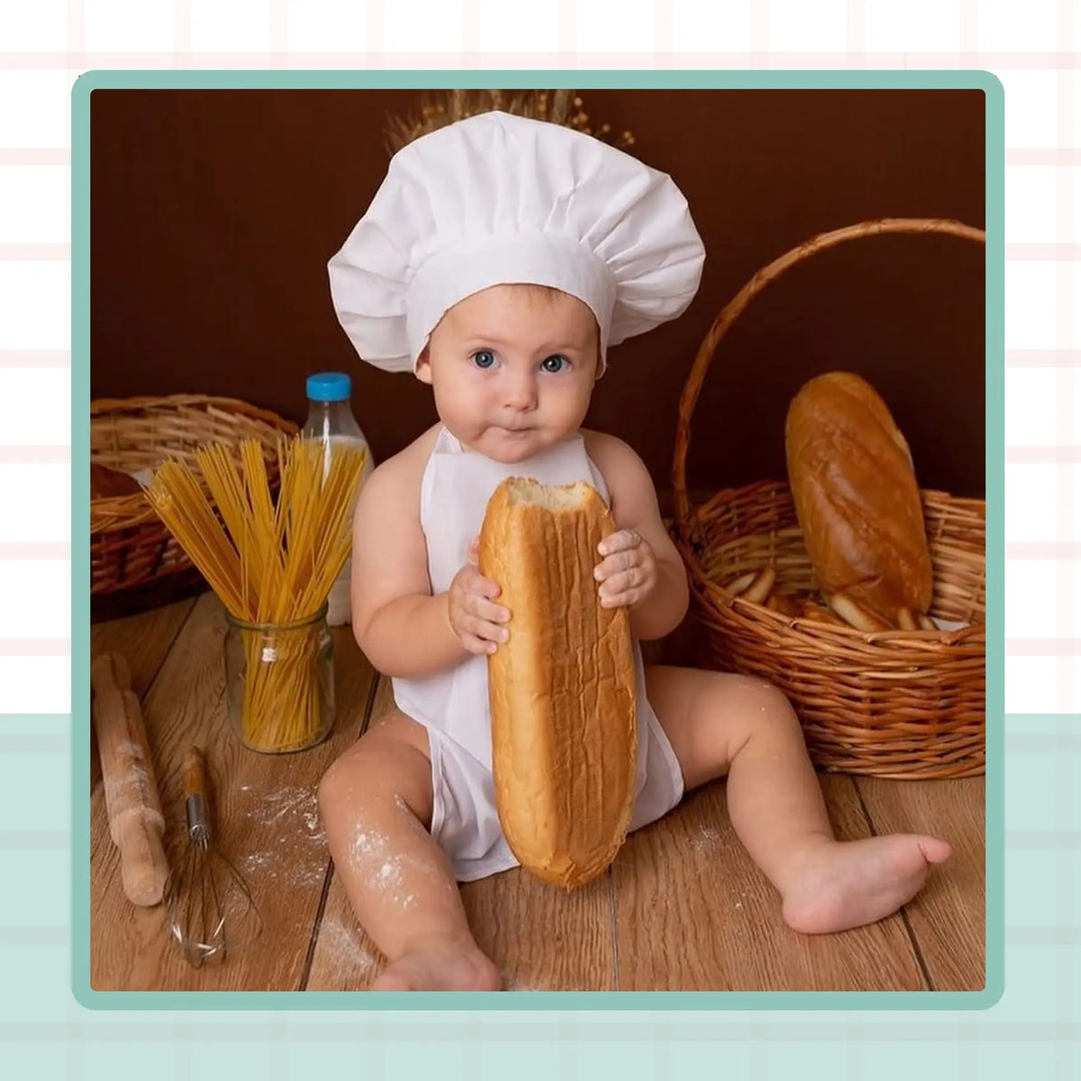 A baby wearing a white chef hat and apron is holding a loaf of bread in a rustic kitchen setting.