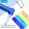 A blue electric airbrush tool is shown next to various colorful ink colors and stencils.