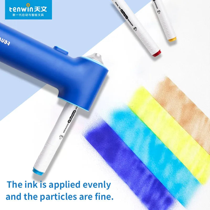 A blue electric airbrush tool is shown next to various colorful ink colors and stencils.