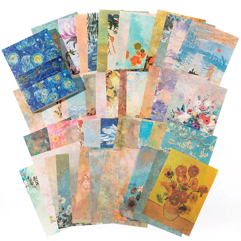 A collection of vintage scrapbook paper sheets in various shades of blue, pink, yellow, and green.