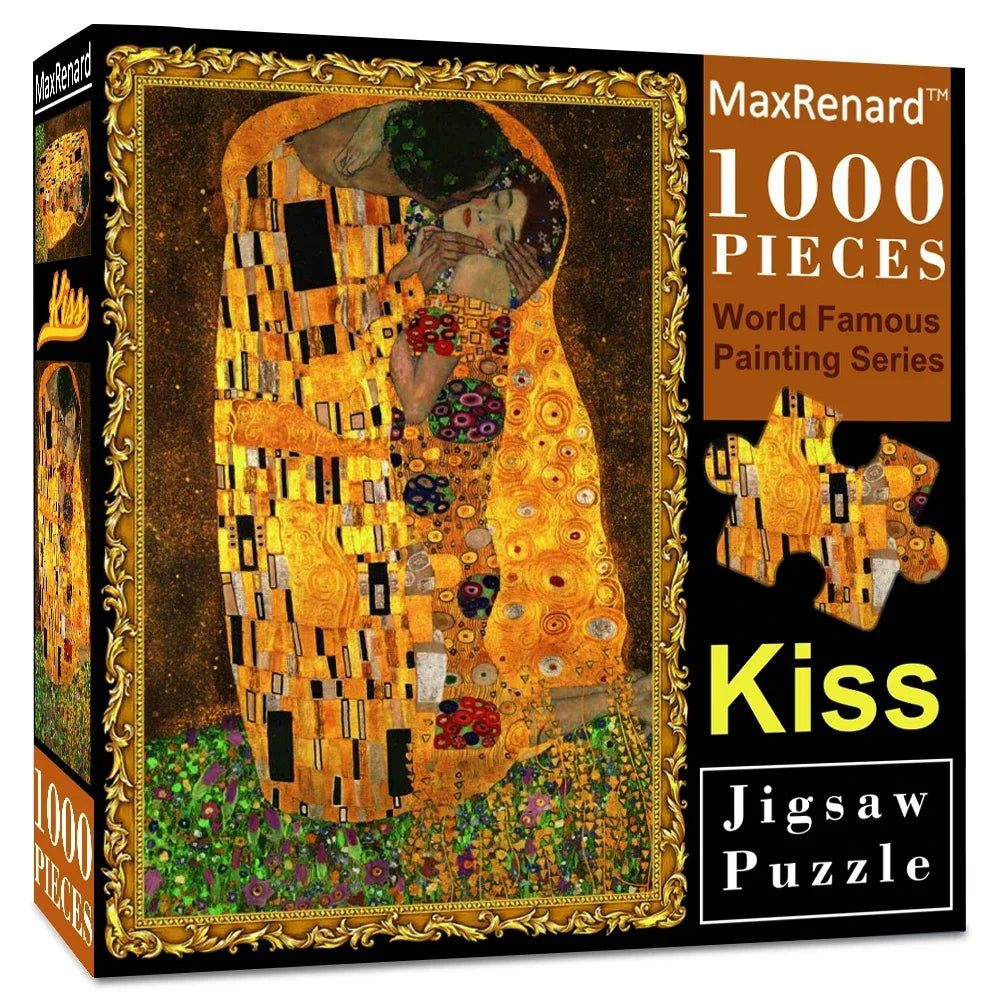 A box of a MaxRenard 1000 pieces Kiss jigsaw puzzle featuring an impressionistic painting style.