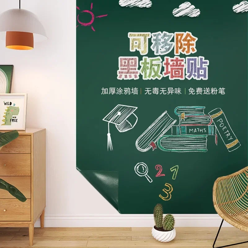 A green chalkboard wall sticker featuring Chinese characters for 'Math Exemption' and various school supplies like graduation