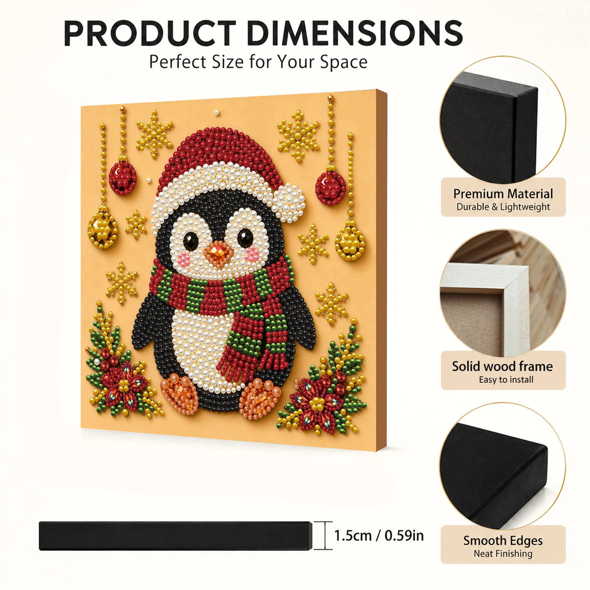 Framed Christmas penguin art kit featuring a penguin made of pearls and fabric on a wooden canvas