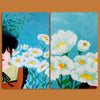 Two panels of watercolor painting featuring a woman with green foliage and white flowers against a blue background.