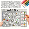 A coloring book page featuring various fall-themed pictures for kids to look and find