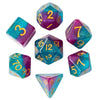 A set of premium glitter resin polyhedral dice showing various colors and numbers like 2, 3, 7, 9, 10, and 12.