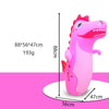 Pink inflatable dinosaur punching bag with measurements and scale reference.