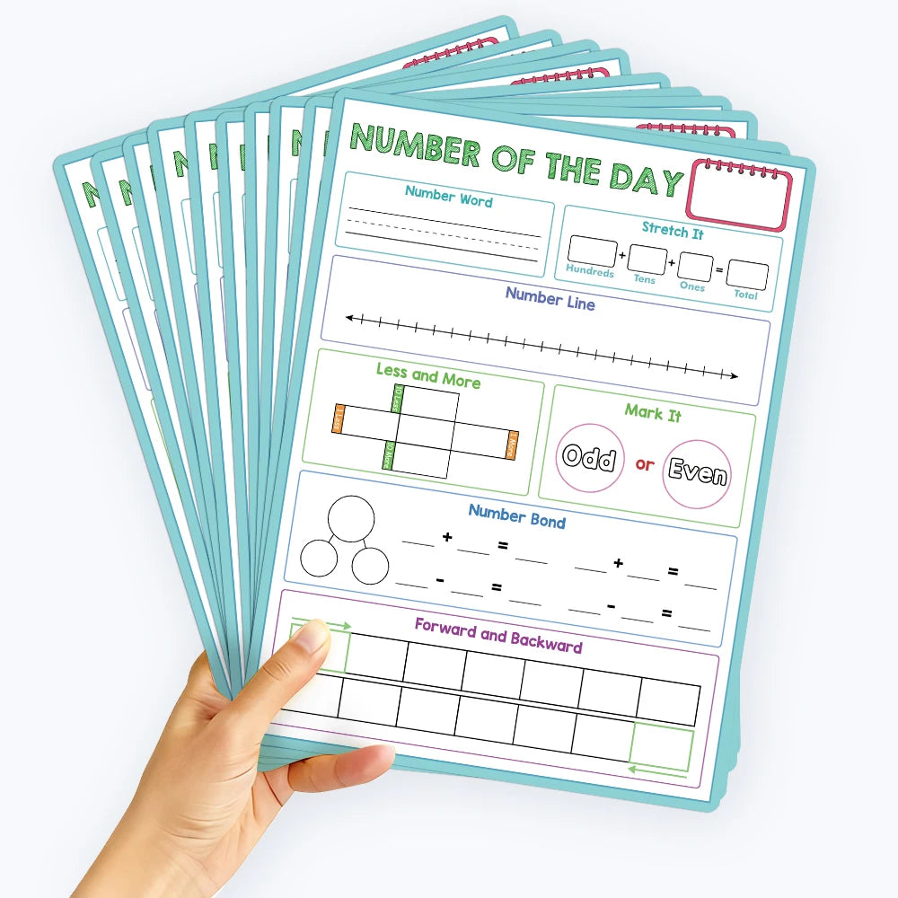 A stack of Number of the Day Maths posters for kids featuring dry erase place value and number line learning charts.