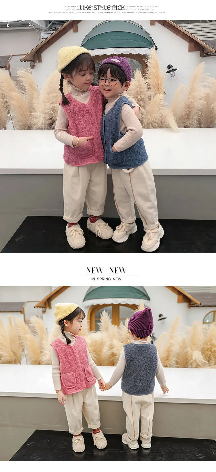 Two children wearing cozy lamb wool baby vests and light pants standing in front of a rustic wooden structure.