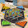 A set of triangle chain geometry game pieces and a black board are displayed on a wooden surface.