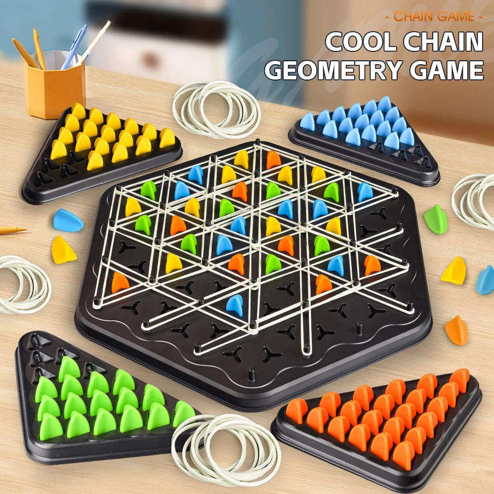 A set of triangle chain geometry game pieces and a black board are displayed on a wooden surface.