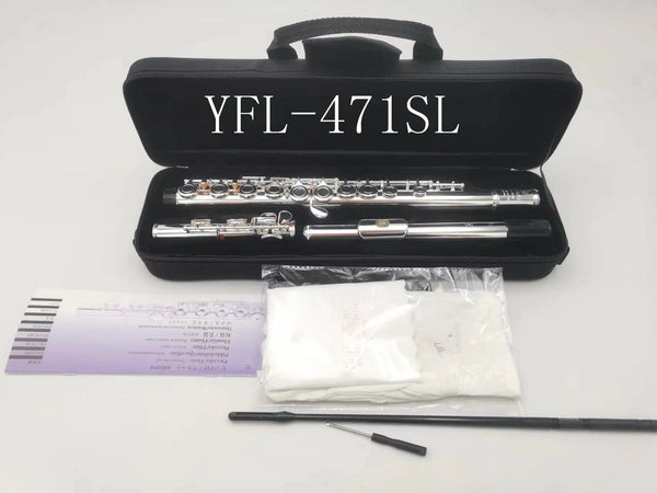 Black case containing a silver-plated flute with an e-key and cleaning tools.