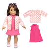 A doll wearing a pink floral coat and matching pink dress, along with a separate pink knit top.