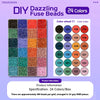 A grid of 24 colors of fuse beads for DIY craft projects, showing various shades of blue, green, red, and purple.
