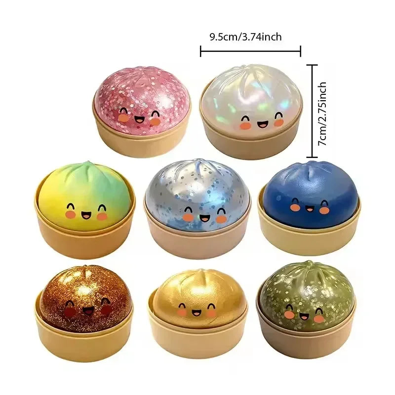 A collection of six round squishy stress relief toys in various pastel and iridescent colors.