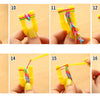 A series of images showing the process of making glow-in-the-dark loom band bracelets using yellow plastic loom bands and col