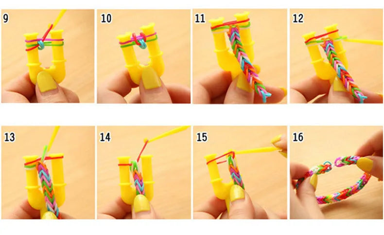 A series of images showing the process of making glow-in-the-dark loom band bracelets using yellow plastic loom bands and col