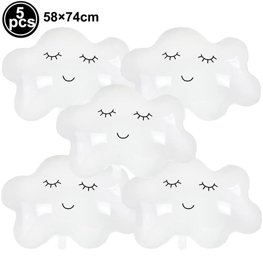 Five white cloud-shaped foil balloons for birthday party decor