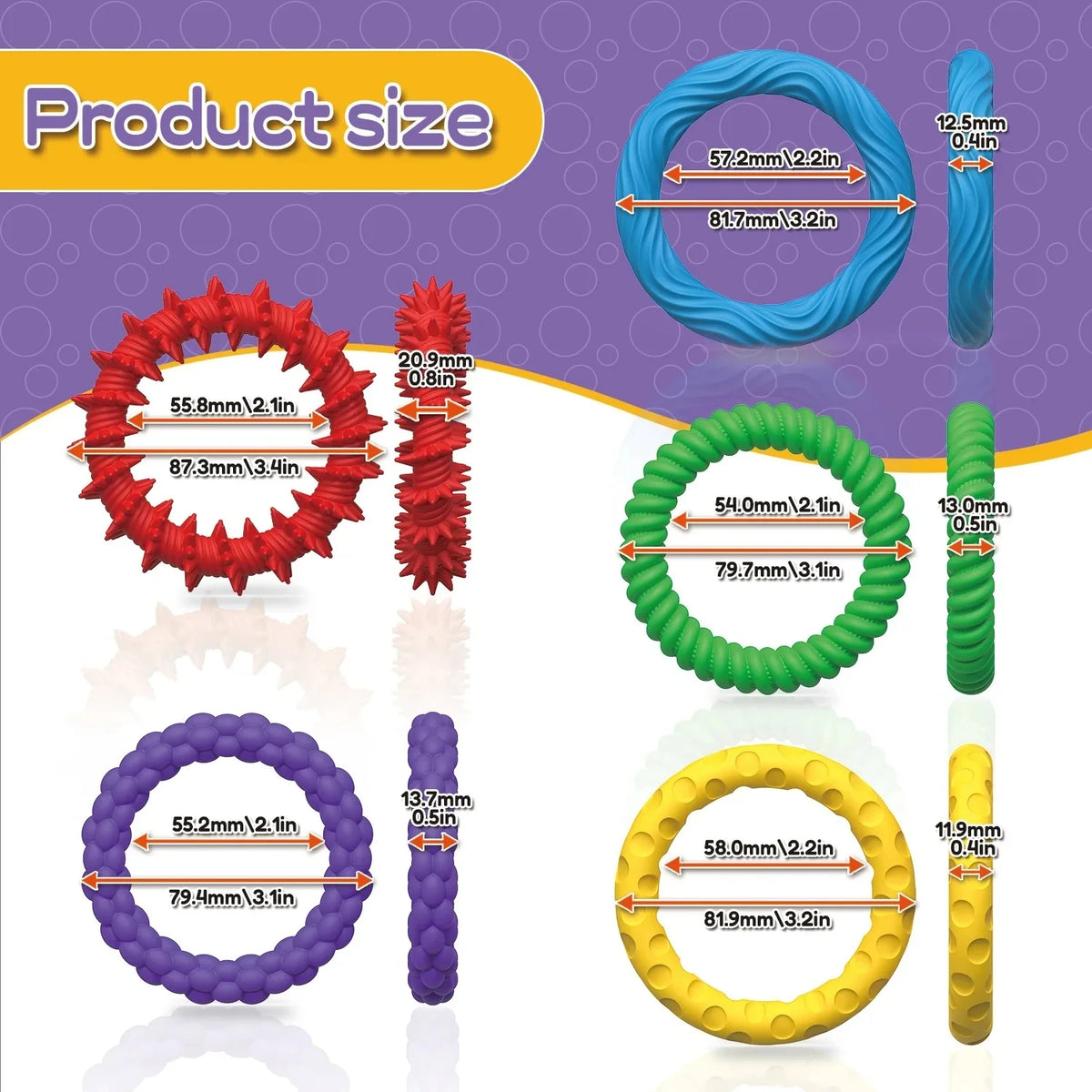 A set of colorful sensory fidget bracelets showing various sizes and textures for stress relief.