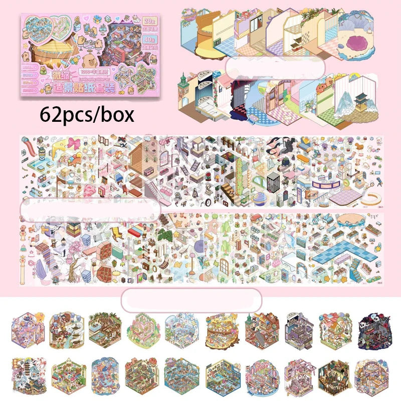 A collection of 62 pieces of cartoon mini town diorama stickers and embellishments for scrapbooking