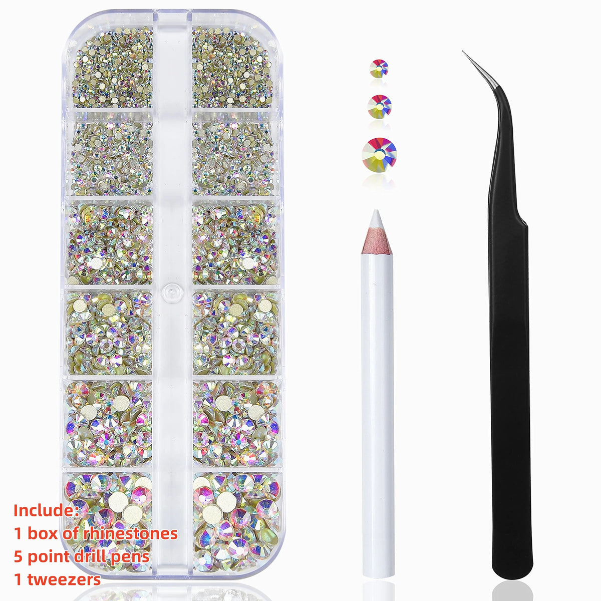 A clear plastic kit containing a box of rhinestones, 5 point drill pens, and one tweezers.