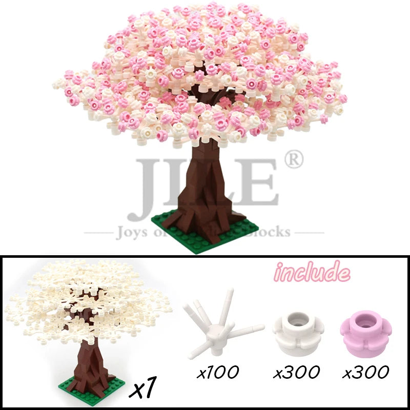 A set of seven pink and white cherry blossom trees made of building blocks with various sizes.