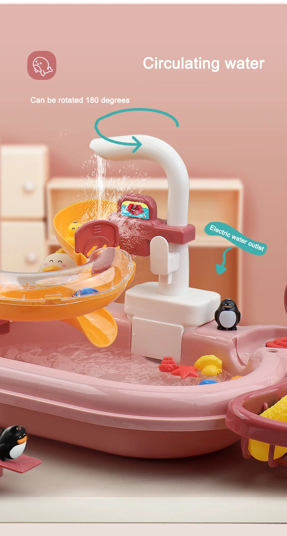 A pink kids kitchen sink toy with an electric water outlet and rotating water feature for a fishing game.