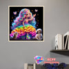 A colorful illustration of a mermaid character with vibrant hair and scales, surrounded by sparkling gems.
