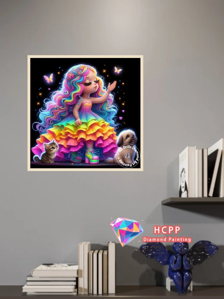 A colorful illustration of a mermaid character with vibrant hair and scales, surrounded by sparkling gems.