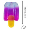 A translucent purple and pink sensory fidget cube with a yellow component shown from the side.
