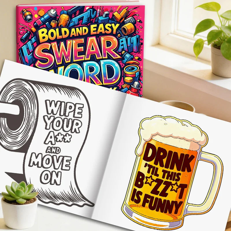 An open coloring book page featuring text and an illustration of a beer mug with the words Drink 'til this buzz is funny