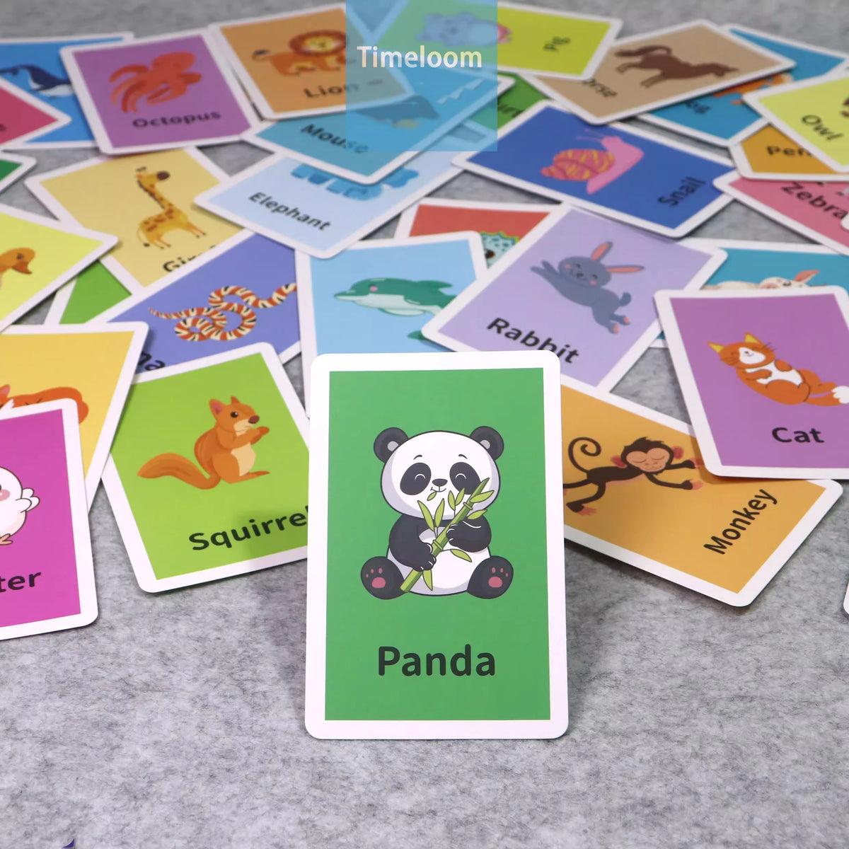A collection of colorful flash cards featuring various animals like octopus, mouse, elephant, rabbit, panda, and cat.